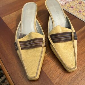 Apostrophe Yellow Mules with Brown Stripes